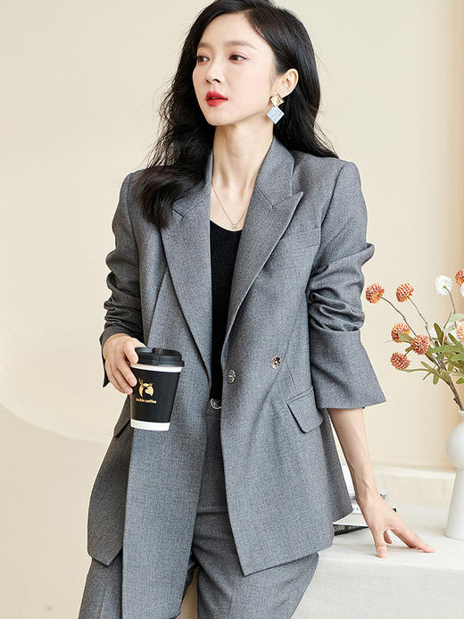 剩S/M/XL/XXL 米思阳2026春季新款时尚气质通勤OL西装经典灰色长袖西服女3434 商品图1