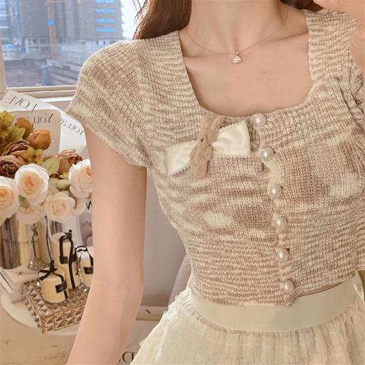 张心子【珍妮小熊】法式减龄针织上衣女2023夏装新款女装短袖T恤 商品图0