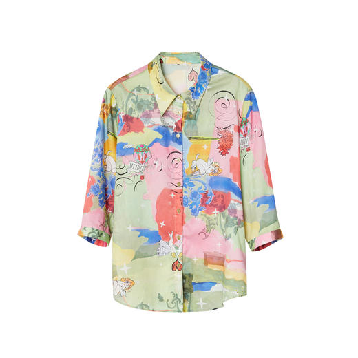 谜底花衬衫七分袖女2023夏季新款复古文艺印花修身衬衣236MC7090 商品图4