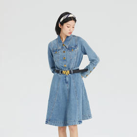 谜底2023春装新款复古收腰长袖纯棉牛仔连衣裙A摆中长裙235ML6006