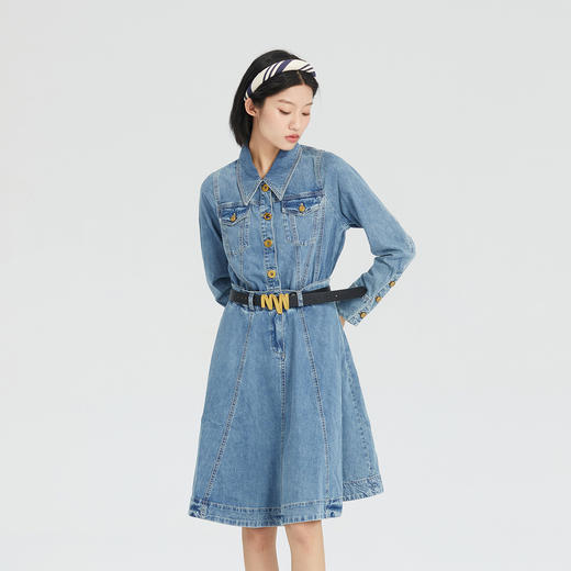 谜底2023春装新款复古收腰长袖纯棉牛仔连衣裙A摆中长裙235ML6006 商品图0