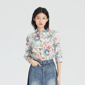 谜底纯棉花色衬衫女2023年夏季新款复古修身七分袖衬衣236MC6071