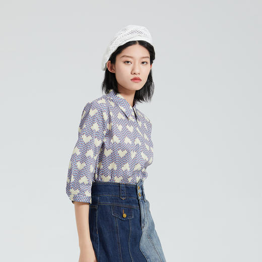 谜底花色衬衫女士2023夏季新款复古印花宽松衬衣七分袖236MC7081 商品图1