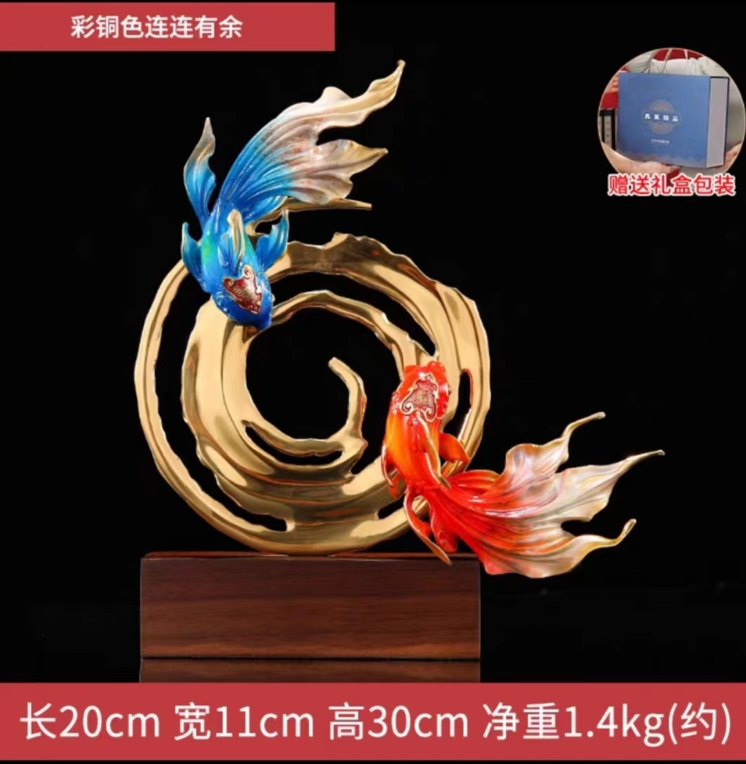 年年有余铜金鱼书柜展示柜电视柜艺术工艺品装饰摆件纯铜招财双鱼戏水摆件 220*80*310客厅书房办公室玄关新中式摆件新婚贺礼乔迁贺礼