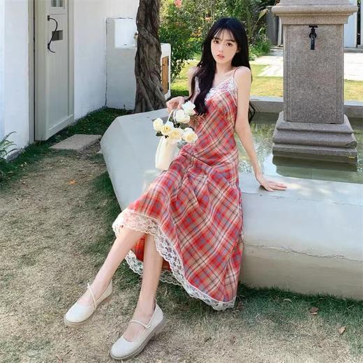【新款2023夏季法式复古】超甜美吊带连衣裙女 蕾丝花边格子中长裙气质裙子潮 商品图1