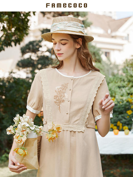 famecoco范可儿休闲修身连衣裙女夏装文艺刺绣天丝棉长裙FAB3FA001 商品图3