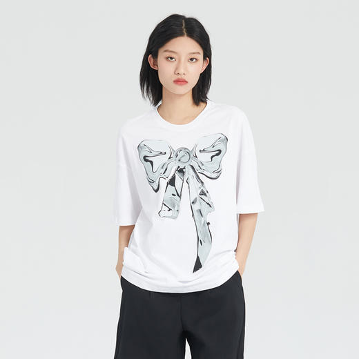 谜底短袖T恤女2023夏新款宽松蝴蝶结印花中长款圆领上衣236MT7074 商品图0