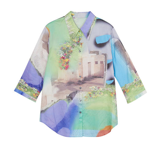 谜底2023夏季新款别致艺术感印花合体纯棉花衬衫女分袖235MC6025 商品图4