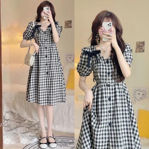 2023年新款设计感小众法式气质长裙 泡泡袖格子连衣裙子女夏GAO级感 商品图2