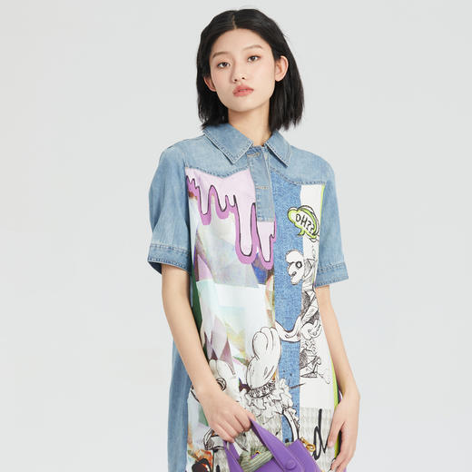 谜底连衣裙短袖2023年夏季新款卡通感印花H型拼接牛仔女236ML6087 商品图1
