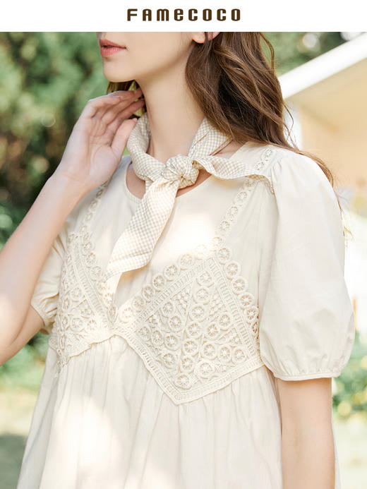 Famecoco范可儿钩花镂空拼贴连衣裙夏季宽松泡泡袖娃娃裙FAB3FA019 商品图3