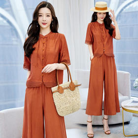 HR WY89099套装复古民族风薄款纯色拼接阔腿裤两件套