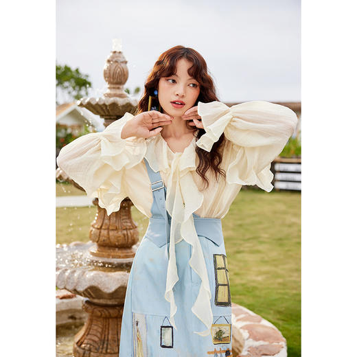 两三事菡萏碎影 夏季新款甜美荷叶边拼接薄款长袖衬衫女宽松 商品图1