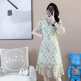 【清仓超15天不保价】奢姿2025年夏装新款大码女装减龄印花雪纺连衣裙胖妹妹V领裙子9932825535