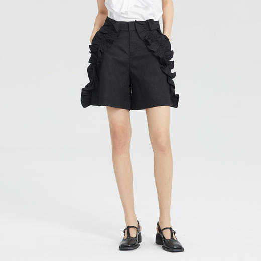 谜底短裤女2023年夏季新款复古优雅荷叶边A字型宽松短裤235MK6032 商品图0