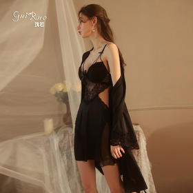 【法式浪漫】瑰若性感深V法式吊带睡衣 缎面露背 系带外袍 家居服套装