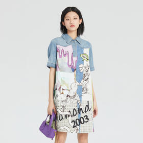 谜底连衣裙短袖2023年夏季新款卡通感印花H型拼接牛仔女236ML6087