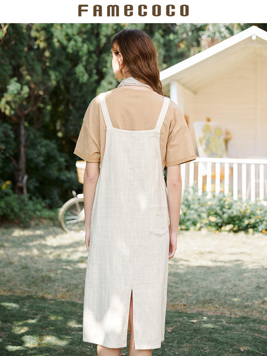 Famecoco范可儿宽松背带裙女森系夏季棉麻方领文艺连衣裙FAB3FE006 商品图2