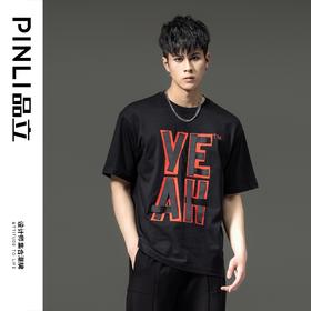 PINLI品立夏季新款男士印花拼接织带圆领短袖T恤BG231111063