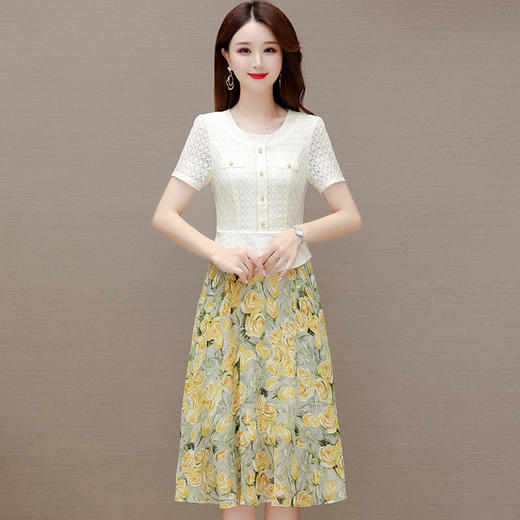 时尚修身，蕾丝拼结印花中长款高腰裙假两件连衣裙QYM-KED-63050-Y 商品图0