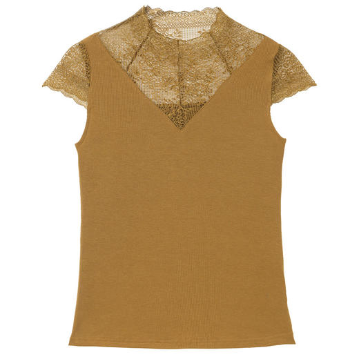 新款莫代尔拼接蕾丝半高领打底衫百搭收腰显瘦短袖T恤KQL-E001M6531 商品图4