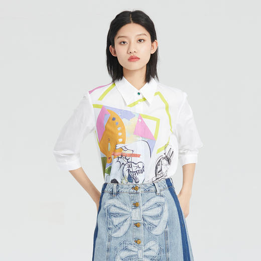 谜底棉麻衬衫女2023夏季新款简约趣味印花宽松7分袖上衣235MC6001 商品图0