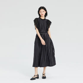 谜底2023夏季新款优雅时髦竖条纹荷叶袖收腰连衣裙长裙235ML6041