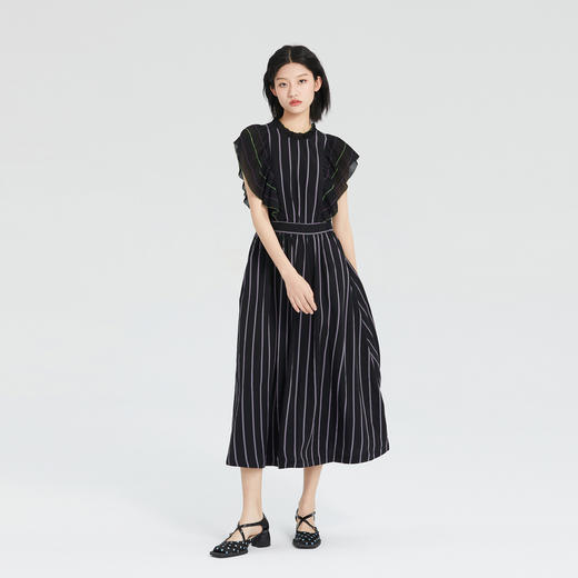 谜底2023夏季新款优雅时髦竖条纹荷叶袖收腰连衣裙长裙235ML6041 商品图0