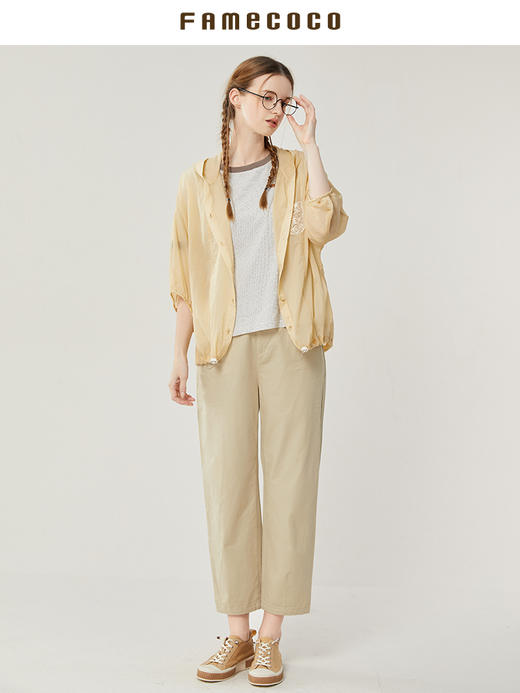 famecoco范可儿纯棉松紧腰休闲裤女士夏季薄款宽松运动花边裤子FAB3GA003 商品图4