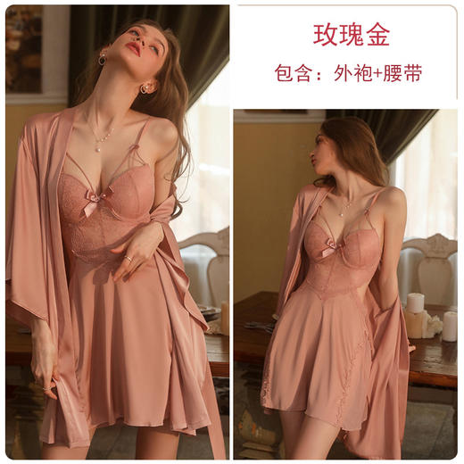 【法式浪漫】瑰若性感深V法式吊带睡衣 缎面露背 系带外袍 家居服套装 商品图6