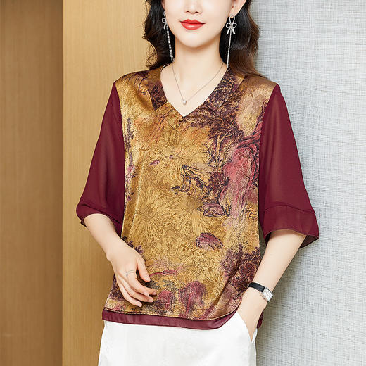 KQL 422H2182仿真丝上衣洋气中老年T恤休闲小衫 商品图4