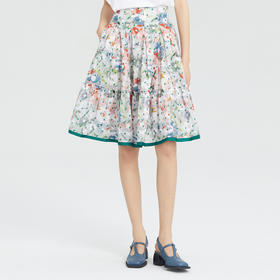 谜底纯棉半身裙女2023夏新款复古文艺碎花百褶A型中长裙235MB6018