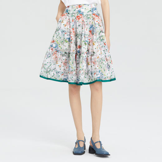 谜底纯棉半身裙女2023夏新款复古文艺碎花百褶A型中长裙235MB6018 商品图0