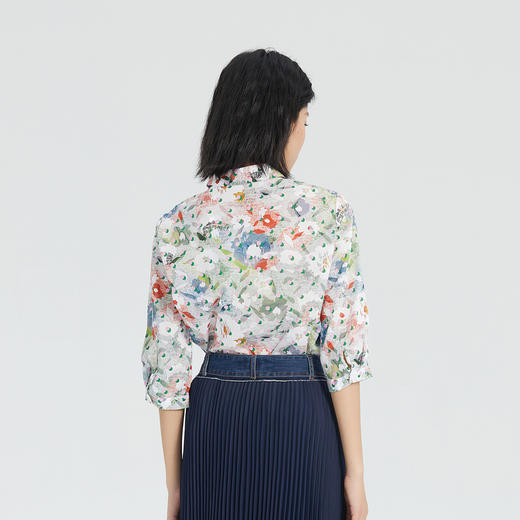 谜底纯棉花色衬衫女2023年夏季新款复古修身七分袖衬衣236MC6071 商品图2