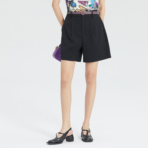 谜底纯色休闲裤23夏款简约时髦帅气休闲黑色西裤短裤女235MK6038 商品图0