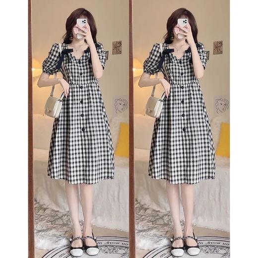 2023年新款设计感小众法式气质长裙 泡泡袖格子连衣裙子女夏GAO级感 商品图3