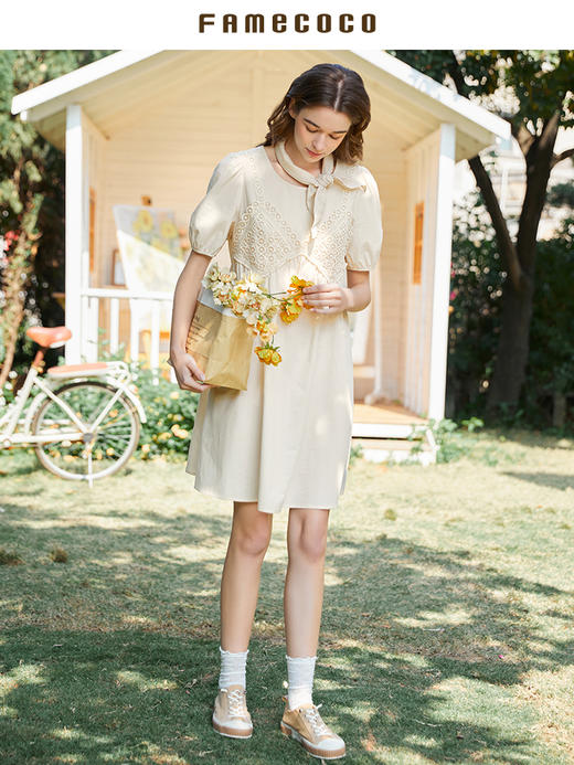 Famecoco范可儿钩花镂空拼贴连衣裙夏季宽松泡泡袖娃娃裙FAB3FA019 商品图1