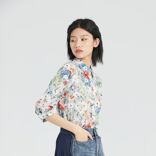 谜底纯棉花色衬衫女2023年夏季新款复古修身七分袖衬衣236MC6071 商品图1