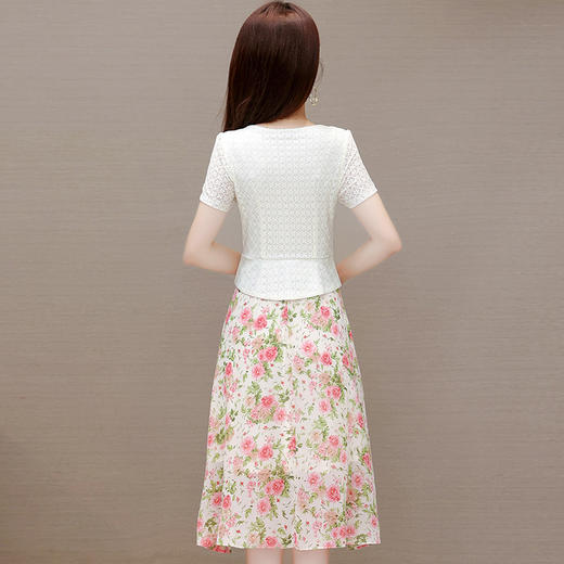 时尚修身，蕾丝拼结印花中长款高腰裙假两件连衣裙QYM-KED-63050-Y 商品图2