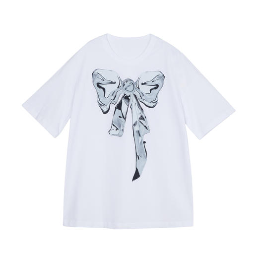 谜底短袖T恤女2023夏新款宽松蝴蝶结印花中长款圆领上衣236MT7074 商品图4