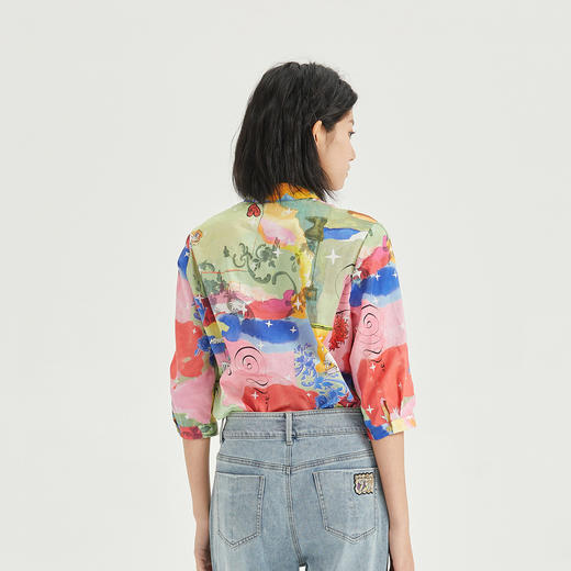 谜底花衬衫七分袖女2023夏季新款复古文艺印花修身衬衣236MC7090 商品图2