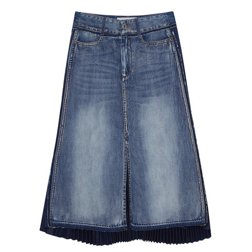 谜底半身裙2023夏季新款高腰百搭牛仔拼接雪纺中长裙女235MB6014 商品图4