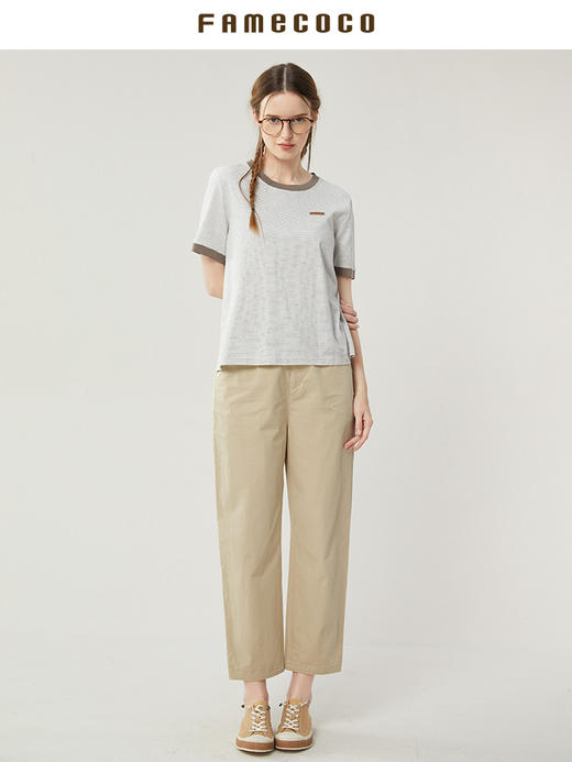 famecoco范可儿纯棉松紧腰休闲裤女士夏季薄款宽松运动花边裤子FAB3GA003 商品图3