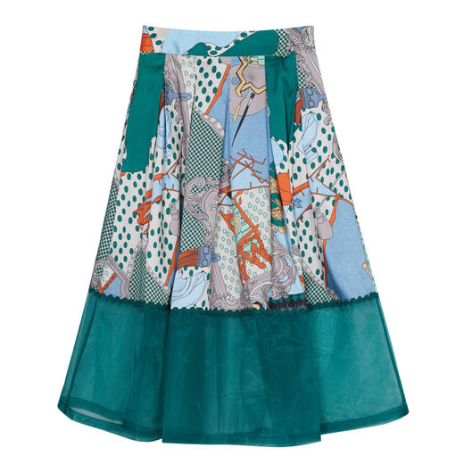 谜底花色半身裙2023夏季复古优雅拼接欧根纱中长百褶裙235MB6017 商品图4