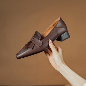 优雅百搭，头层牛皮+马毛粗跟单鞋DJC-843