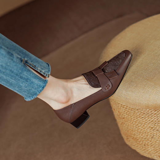 优雅百搭，头层牛皮+马毛粗跟单鞋DJC-843 商品图4