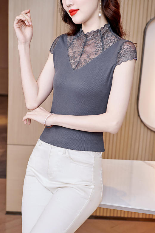 新款莫代尔拼接蕾丝半高领打底衫百搭收腰显瘦短袖T恤KQL-E001M6531 商品图1