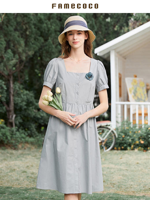 Famecoco范可儿方领泡泡袖连衣裙夏款法式高腰气质中长裙FAB3FA031 商品图1