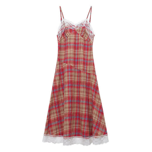 【新款2023夏季法式复古】超甜美吊带连衣裙女 蕾丝花边格子中长裙气质裙子潮 商品图4