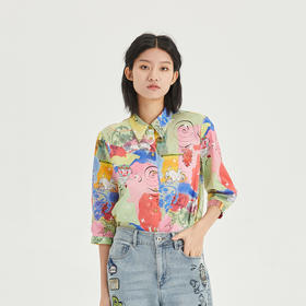 谜底花衬衫七分袖女2023夏季新款复古文艺印花修身衬衣236MC7090